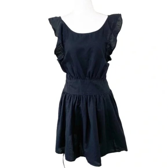 Free People Erin Linen Mini Dress Black Large Ruffle Back Bow Boho Cottagecore - Picture 14 of 16